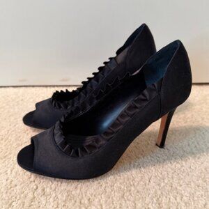 Enzo Angiolini Peep Toe Heels Size 5.5 Black Satin Ruffle-Trim Stiletto Pumps